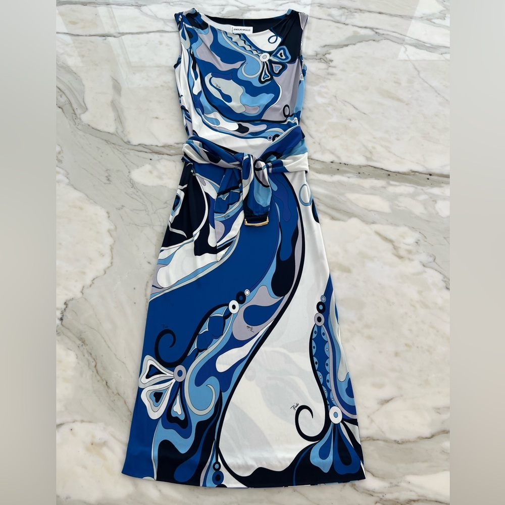 EMILIO PUCCI BLUE MULTI ICONIC PRNT SLEEVELESS DRESS SIZE IT 42 / US 8